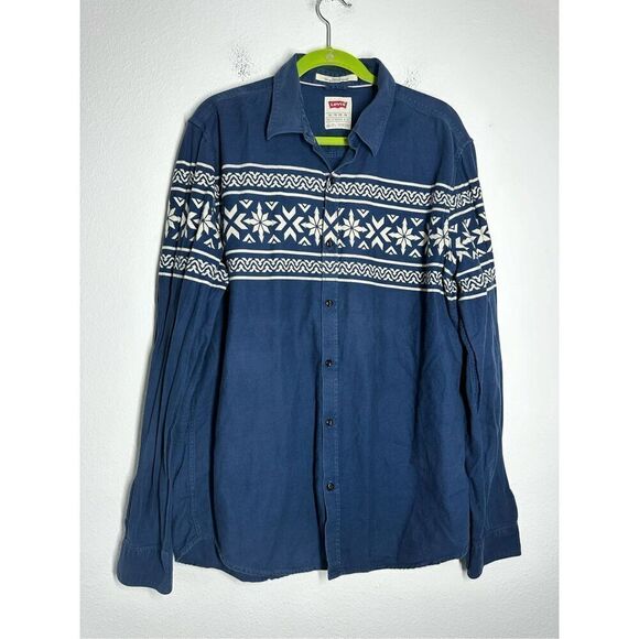 Levi’s Men’s Geometric Pattern Long Sleeve Buttoned Shirt Size XL Bleu White - Picture 1 of 9